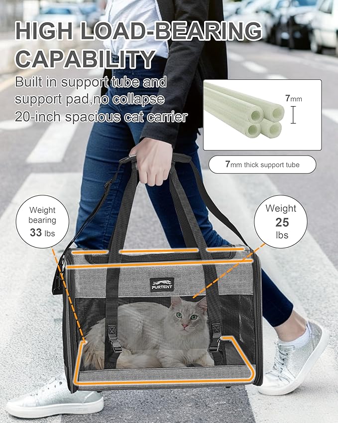 Soft-Sided Large Cat Carrier for 2 Cats, Spacious Foldable Pet Travel Carrier for Large Cats up to 25 Lbs, Double Cat Bag with Shoulder Strap, 20x13x13 Inch, Fits Maine Coon and Small Dogs, Grey