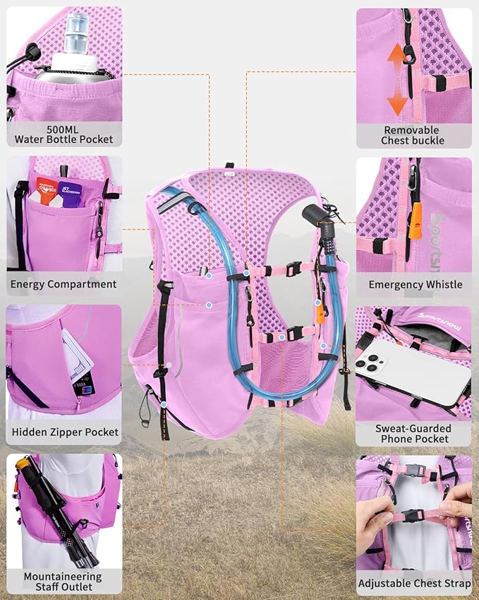 Sportsnew Running Vest for Women Men, Lightweight 10L Hydration Backpack with Waterproof Phone Pocket, Hydration Pack with Water Bladder for Hiking Trail
