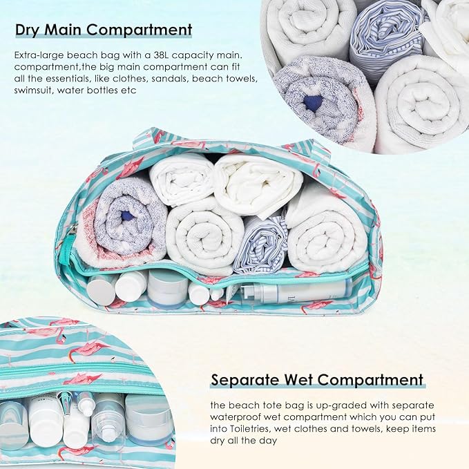 KABAQOO Extra Large Beach Bag Waterproof Sandproof Women Beach Tote with Zipper & Wet Compartment for Pool Gym Grocery Travel