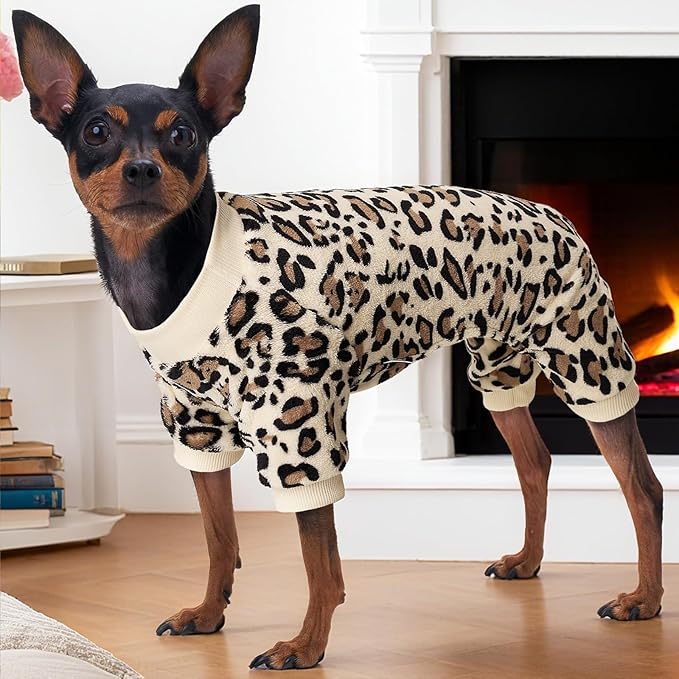 XPUDAC Fleece Dog Pajamas Leopard Dog Sweaters Winter Puppy Clothes for Small Medium Dogs Boy Girl Pet Jumpsuits Doggie Outfits for Christmas, XL
