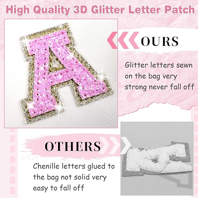Small Initial Patch Makeup Bag Personalized Gifts Make Up Bag,White Cute PU Leather Glitter Letter Cosmetic Bag with Zipper,Trendy Portable Travel Toiletry Pouch,Preppy Stuff for Teen Girls Women L