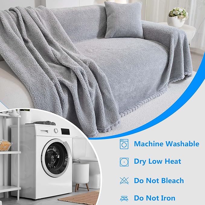 Sherpa Fleece Couch Cover for 3 Cushion Sofa, Grey, 71" x 134" - Pet Proof Sofa Covers Heavy Duty Scratch Resistant Pet Friendly Furniture Cover - Easy Install, Machine Washable