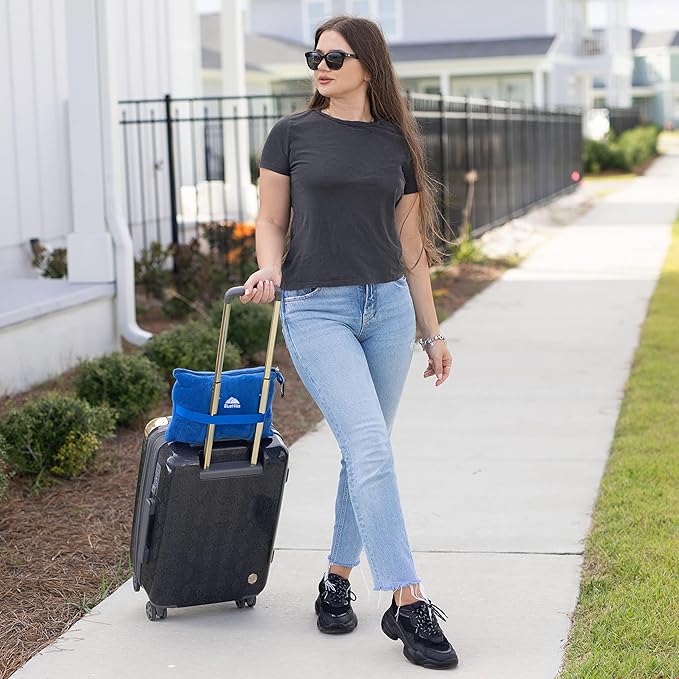 BlueHills Travel Blanket Pillow in Mini Soft Case Premium Plush Airplane Blanket in Soft Bag Compact Pack with Luggage Belt and Backpack Clip Car Portable Cozy Traveling Accessories - Royal Blue M07