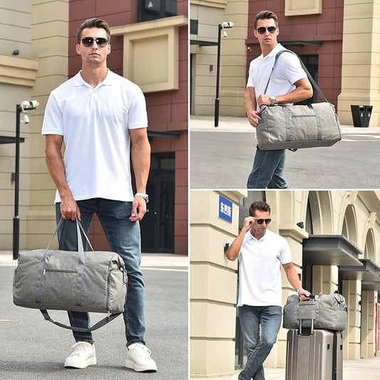 Carry on luaggage 22x14x9 Airlines Approved, Foldable Travel Duffel Bags Weekender Overnight Carry on Duffel Luggage Gym Duffle Bag with Wet Pocket & Shoe Compartment for Women Men(Grey, 40L)