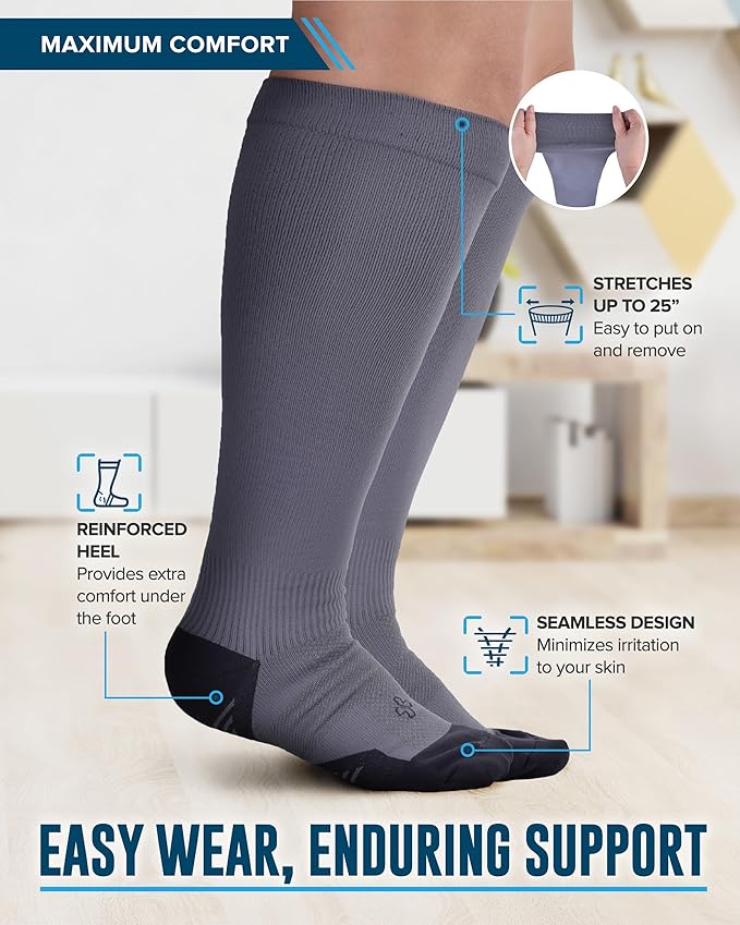 Doctor's Select 3 Pairs Plus Size Compression Socks Wide Calf - Up to 6XL | 20-30 mmHg Compression Socks for Women Wide Calf | Black, Gray, Navy