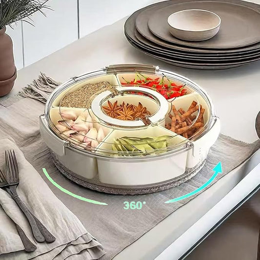 Divided Serving Tray with Lid and Handle,Portable Divided Snackle Box Container 6 Compartments,Clear Lazy Susan Organizer and Fridge Storage Container for Candy,Nuts,Fruits,Snacks and Veggie