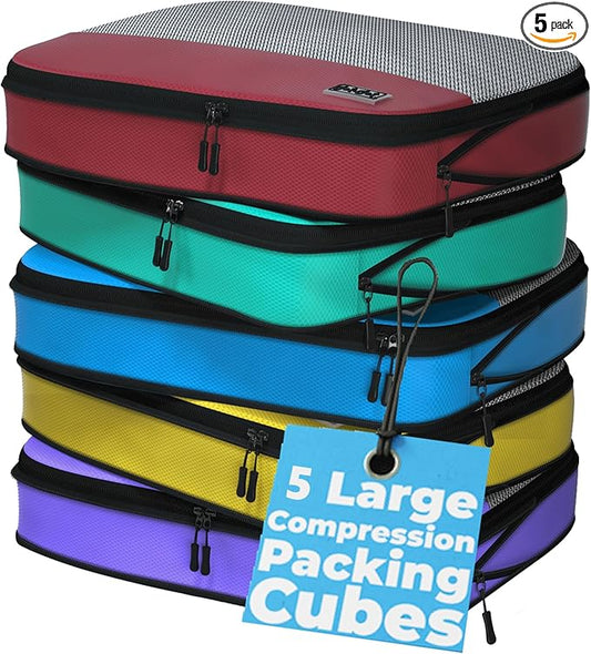 Large Compression Packing Cubes for Travel - 5 Pcs set of Packing Cubes Compression, Carry on Suitcase Organizer Bags - Travel Cubes Organizer Bags for Luggage