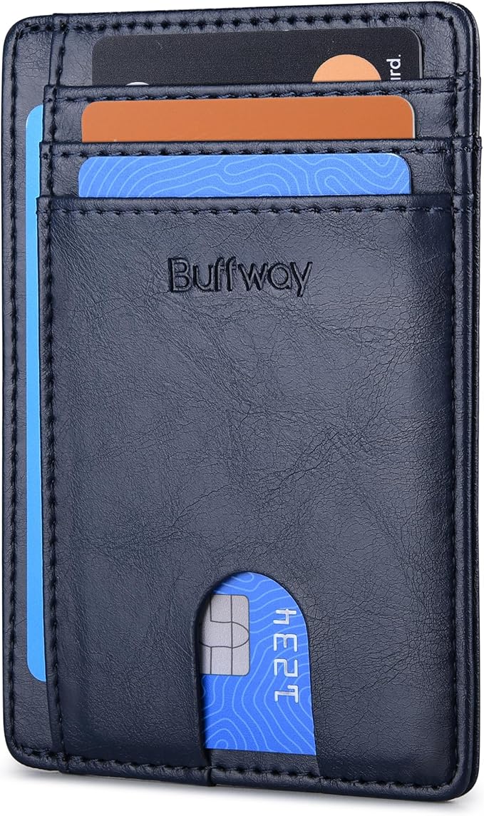 Buffway Slim Minimalist Front Pocket RFID Blocking Leather Wallets for Men and Women - Alaska Blue
