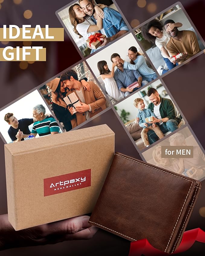 Artpaxy Mens Wallet Bifold Genuine Leather RFID Blocking Wallet for Men with 1 ID Windows 13 Card Holders 2 cash pockets 1 Gift Box