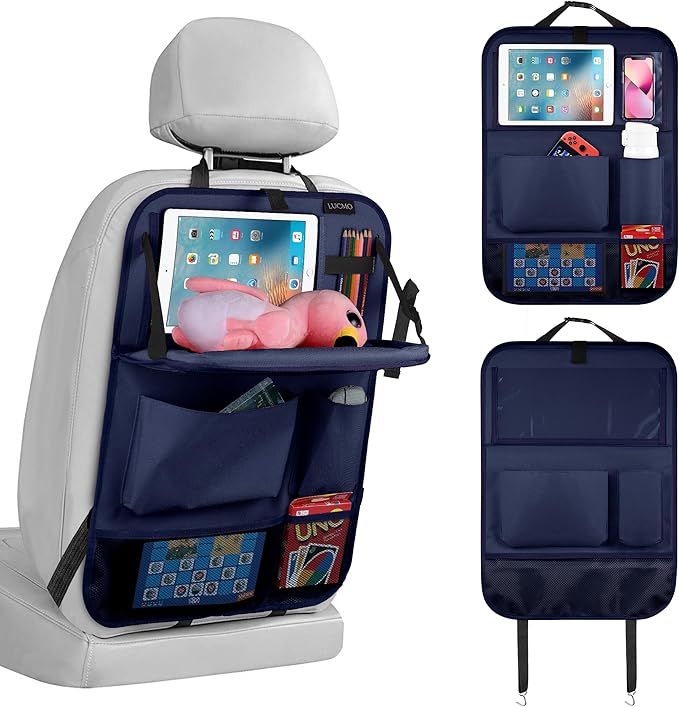 LUCMO Car Backseat Organizer with Tablet Holder,6 Storage Pockets Car Storage Organizer with Foldable Food Tray,Seat Protectors Kick Mats Travel Accessories-Dark Blue