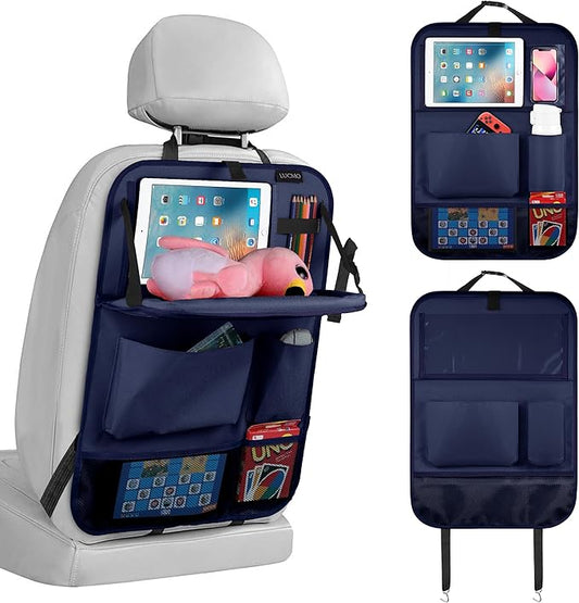 LUCMO Car Backseat Organizer with Tablet Holder,6 Storage Pockets Car Storage Organizer with Foldable Food Tray,Seat Protectors Kick Mats Travel Accessories-Dark Blue