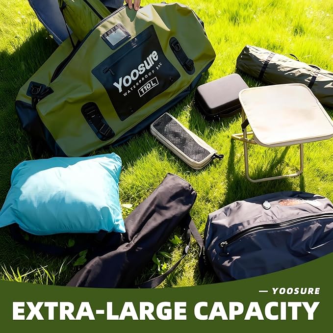 Waterproof Duffel Bag 110L - Marine Dry Bag with 700D PVC & Airtight Zipper, Extra Large Duffle Bag for Camping, Rafting, Kayaking, Boating, Car Roof Storage (Green)