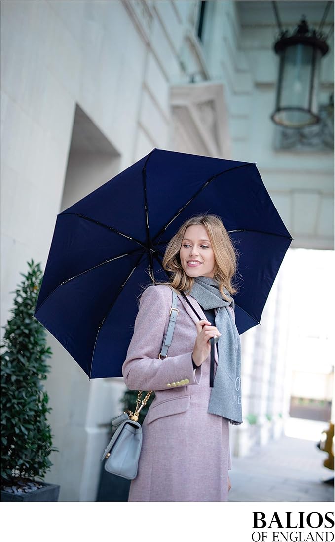 Balios (Designed in UK) Travel Umbrella Luxurious Golden Hardwood Handle Auto Open & Close Windproof Frame Single Canopy Automatic Folding Umbrella Men's & Ladies