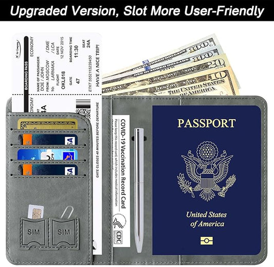 Passport Holder Cover Wallet Travel Essentials Leather Rfid Blocking Case Vacation Luggage Must Haves Travel Accessories for Men Women (116#Grey)