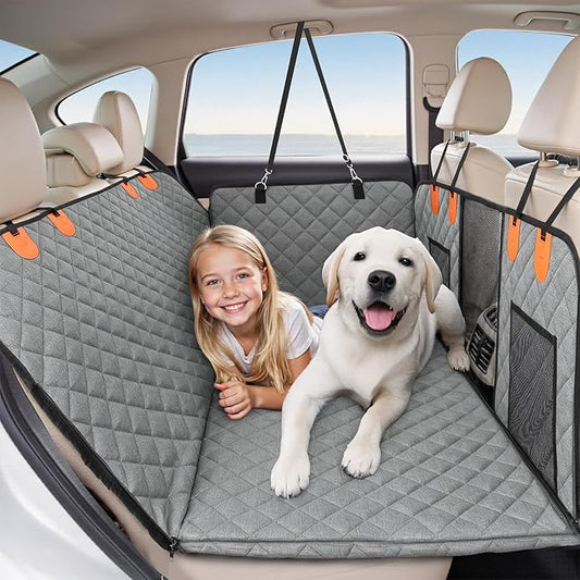 HOTEAGLE Dog Seat Covers for Back Seat, Hard Bottom Back Seat Extender for Dogs, 600D Upgraded Material Waterproof and Comfortable with 400lbs Holds, Ideal for Car Trips and Outdoor Adventures（Grey）