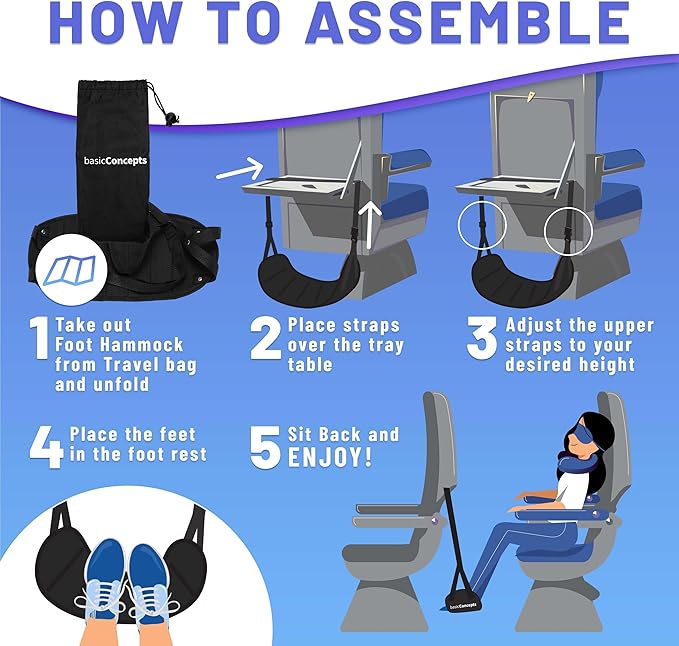 BASIC CONCEPTS Airplane Foot Hammock for Plane Travel Essentials - Airplane Travel Essentials, Long Flight Foot Rest - Plane Gadgets
