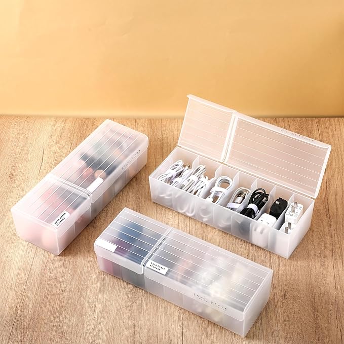 3 Pack Clear Cable Organizer Box with Wire Ties and Label, Plastic Cord Charger Storage Box with Lid Stackable Cable Storage Wire Case for Desk Drawer Office Home Organization and Accessories