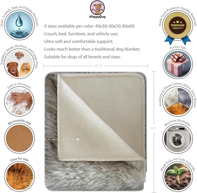 Waterproof Dog Blanket for Small, Medium & Large Dogs – Faux Fur Pet Throw for Couch, Sofa, Bed & Car – Soft, Washable, Stain-Resistant, Durable Cover – White w/Brown Tips – 40" x 30"