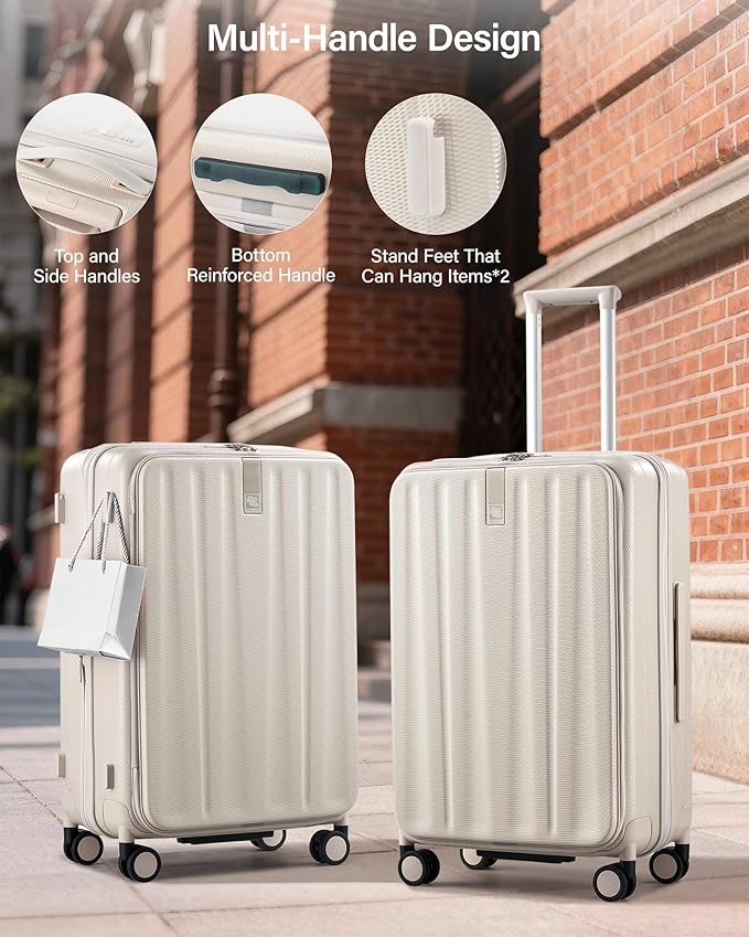 Hanke 24 Inch Expandable Luggage Top Opening Checked Bag Luggage Hard Shell Suitcases with Wheels Lightweight Travel Luggage Medium Suitcase with Lock for Woman Men-Ivory White