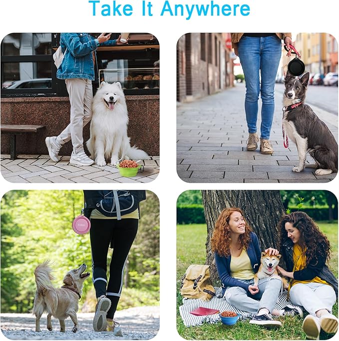 PetBonus 2-Pack Silicone Collapsible Dog Bowls, BPA Free Dishwasher Safe, Portable Foldable Expandable Travel Bowl, Food Water Feeding Cup Dish for Dogs Cats with 2 Carabiners (Purple, Pink)