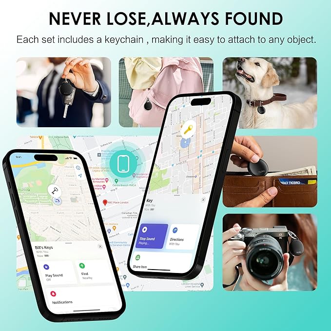 Air Tracker Tags-4 Pack: Bluetooth Tracker Works with Apple Find My (iOS Only), Key Finder and Smart Tag Locator for Luggage, Backpack, Suitcases, Pets, Replaceable Battery(Black)