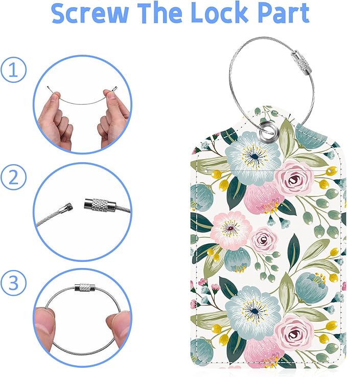 Spring Flowers Luggage Tags 2PCS PU Leather Suitcases Tag with Stainless Steel Loop and Privacy Name Address Cover Label Card for Women Men Travel