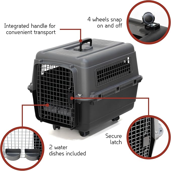 SportPet Airline Approved Wire Door Travel Dog Crate, Durable Plastic Pet Travel Kennel with Removable Wheels,Collapsible, Food Bowls & Accessories, Fits Dogs up to 24" L & 16" H - Medium -Gray/Black