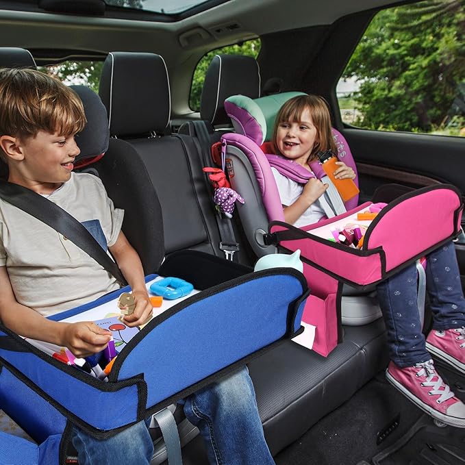 WENRENER Kids Travel Tray for Airplane - Toddler Car Seat Table Tray, Road Trip Essentials for Boys & Girls, Carseat Lap Desk for Kids Road Trip Activities (Pink)