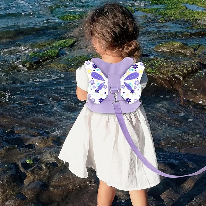 Accmor Toddler Harness Leash, Cute Butterfly Kids Leash + Anti Lost Wrist Link for Outdoor Travel, Mini Child Walking Harness Wristband Assistant Strap Belt for Baby Girls (Purple)