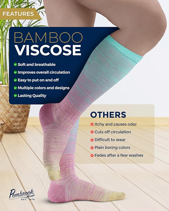 Pembrook Bamboo Viscose Light Compression Socks - 3 Pairs | 8-15 mmhg Compression Socks | Knee High Comfort Support Socks