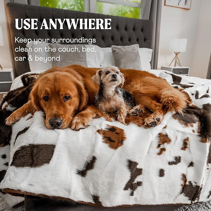 PAW BRANDS PupProtector Waterproof Throw Blanket for Dogs and Cats, Pet Blanket Cover for Couches, Sofas, Beds, Car Seats, Furniture, Calming Soft Faux Fur, Brown Cowhide, Large (80" L x 62" W)