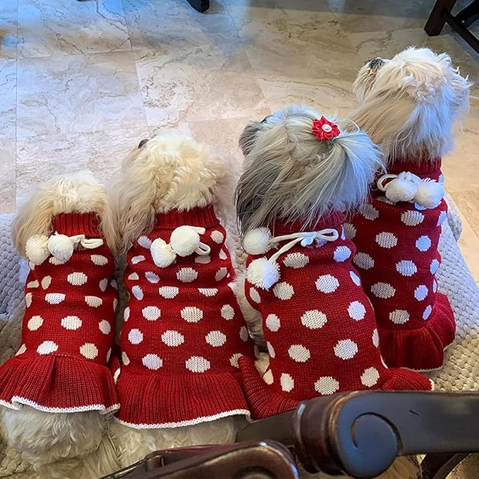 KYEESE Dog Sweaters for Girl Small Dogs with Leash Hole Turtleneck Red Dog Sweater Dress Polka Dot Knit Pullover Warm Pet Sweater