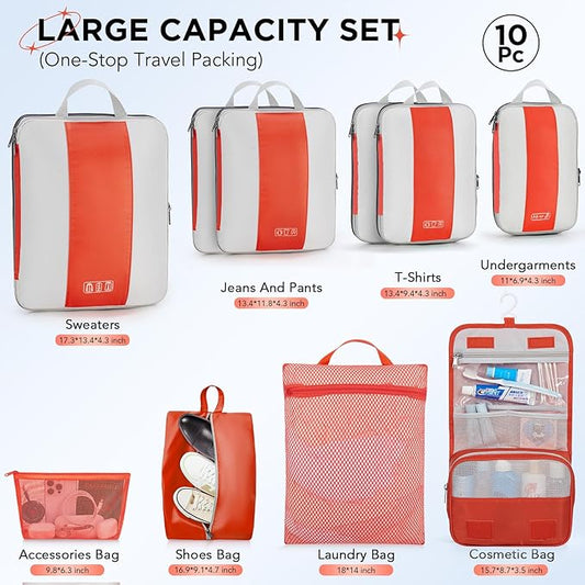 10 Set Compression Packing Cubes for Travel Essentials,Compressible Expandable Packing Cubes for Suitcase,OlarHike Luggage Organizer Bags for Travel,Handy Helper for Organizing Clothes(Orange)