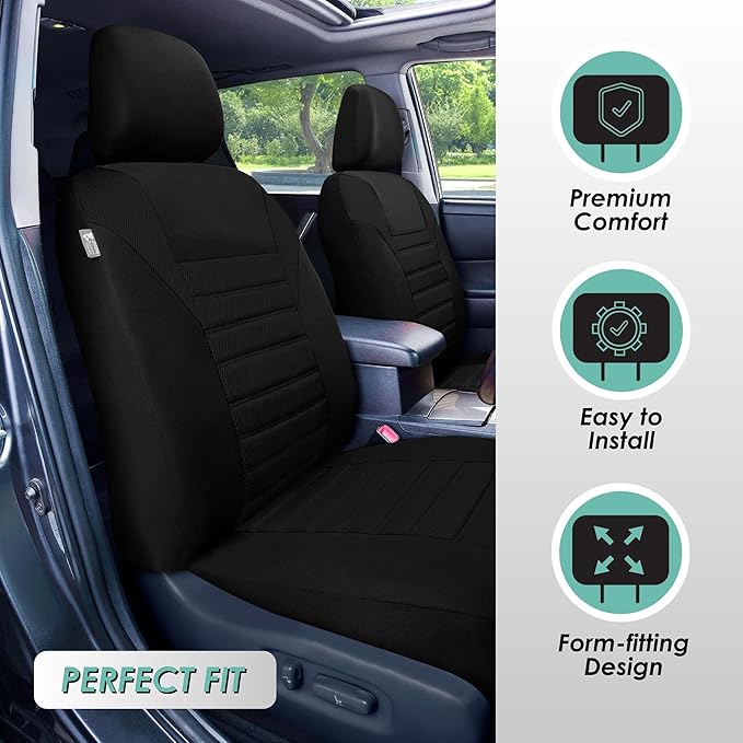 FH Group Automotive Car Seat Covers Full Set Premium 3D Air Mesh Front Seat Covers, Airbag Compatible & Split Bench Cover Universal Fit Interior Accessories for Cars Trucks and SUVs - Black