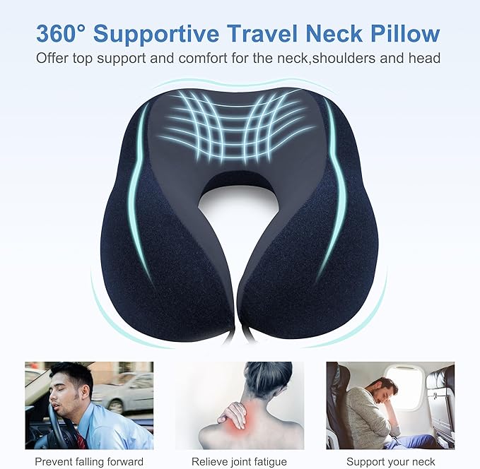 Travel Pillow - Memory Foam Cervical Neck Pillow for Adults, Kids, Children, Convenient & Portable U Shaped Pillows, Airplane Pillow for Home, Office, Camping, Travelling, Sleeping (Blue)
