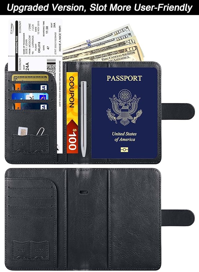 Passport Holder Cover Wallet Travel Essentials Leather Rfid Blocking Case Vacation Luggage Must Haves Travel Accessories for Men Women (120#Black)