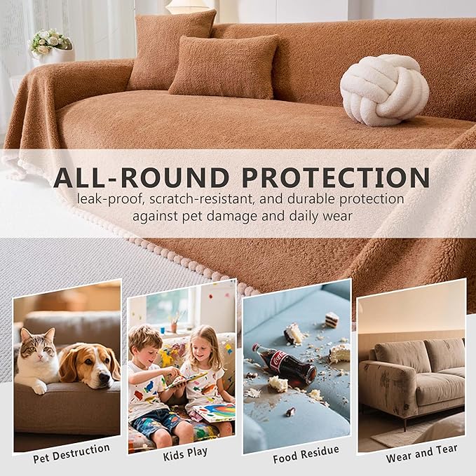 Sherpa Fleece Couch Cover for 3 Cushion Sofa, Brown, 71" x 134" - Pet Proof Sofa Covers Heavy Duty Scratch Resistant Pet Friendly Furniture Cover - Easy Install, Machine Washable