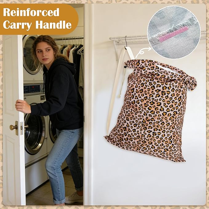Canvas Laundry Bag with shoulder Strap 24" x 29", Large Drawstring Dirty Clothes Bag Washable Laundry Sack for College Dorm, Travel, Home, Camp (Leopard)