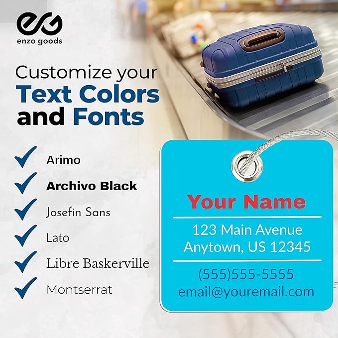 Personalized Luggage Tag | 4 Pack | Custom Luggage Tags for Suitcases | Kids Backpack Tag | 10 Color Options & Choose Font, Font Color