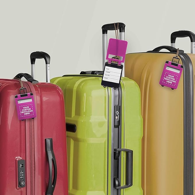 50 Mini Carry-on Luggage Tags Pack - Customizable Text, Logo - Flip Open Cover, ID Sticker - Purple