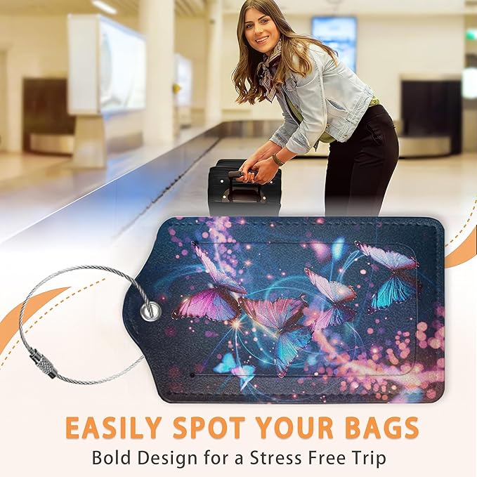 Dream Starlight Butterfly 3 Pack Luggage Tags for Suitcases, Colorful Butterfly PU Leather Luggage Tag for Travel, Bag Tags with Privacy Name ID Card and Steel Loop for Women Men