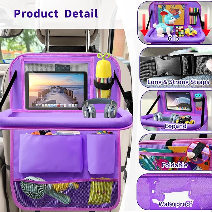 Etre Jeune Car Backseat Organizer with Tray, Seat Back Table Holder with 6 Storage Pockets, Car Seat Back Protectors Kick Mats Travel Accessories, 1 Pc Purple