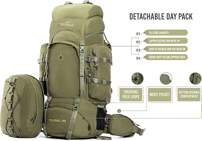 Tripole Colonel 95 Litres Rucksack + Detachable Day Pack, Olive Green