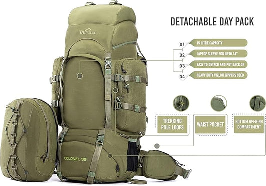 Tripole Colonel 95 Litres Rucksack + Detachable Day Pack, Olive Green