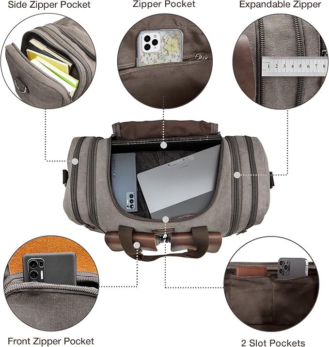 Wildroad 60L Travel Duffel Bag, Expandable Canvas Genuine Leather Duffle Bag Upgraded Overnight Weekender Bag Carry on Bag