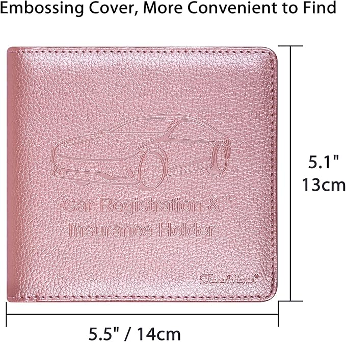 Car Insurance and Registration Holder, 5.5 x 5 Inch PU Leather Vehicle Glove Box Organizer Wallet Case for Insurance Card, Driver License, Paperwork - Rose Gold