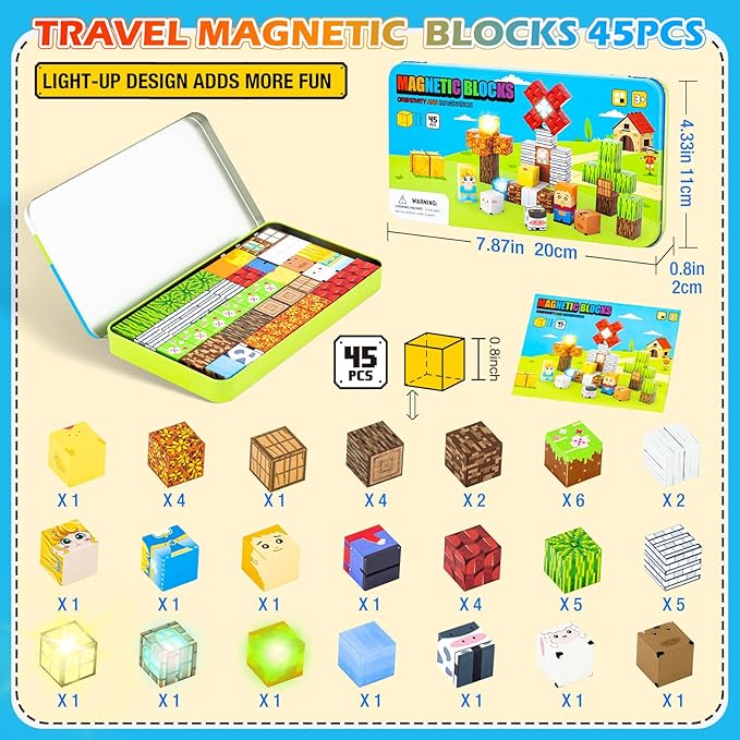 45PCS Magnetic Blocks Travel Toys for Kids with Portable Iron Box, Mini Magnetic Cubes Toys for Airplane & Car Ride STEM Learning Gift Idea for Ages 3+（ Farm Theme）