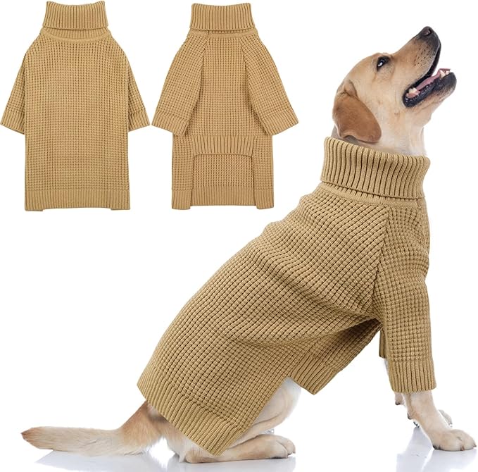 Queenmore Turtleneck Long Sleeve Knitted Sweater with Check Pattern, Fall Winter Warm Sweater for Small to XXL Dogs and Cats, Brown