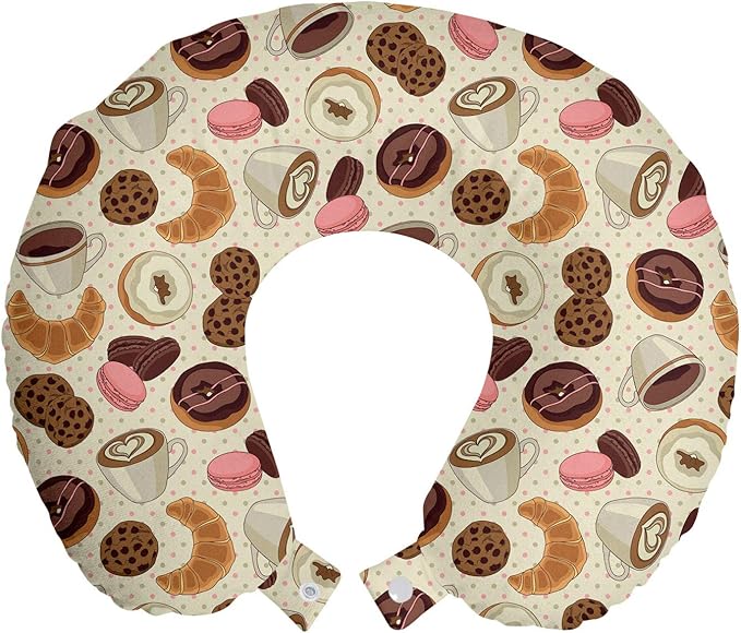 Ambesonne Dessert Travel Pillow Neck Rest, Patisserie Theme Pattern Chocolate Coated Donut Cookie Latte Croissant, Memory Foam Traveling Accessory for Airplane and Car, 12", Pink Brown