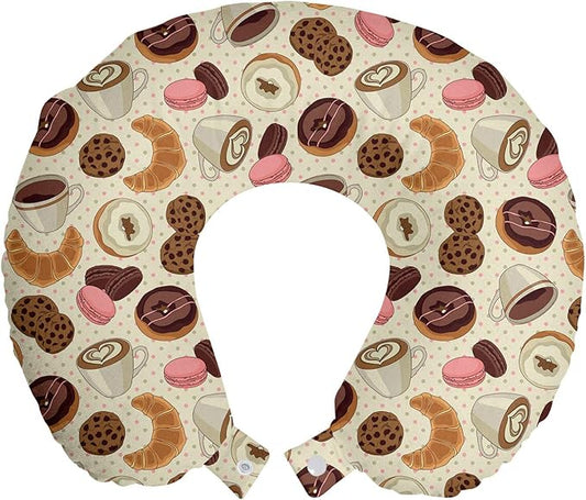 Ambesonne Dessert Travel Pillow Neck Rest, Patisserie Theme Pattern Chocolate Coated Donut Cookie Latte Croissant, Memory Foam Traveling Accessory for Airplane and Car, 12", Pink Brown